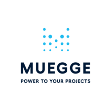 Oben Cyan-Punkte in der Form eines M, Unten der Schriftzug "Muegge Power to your Projects"
