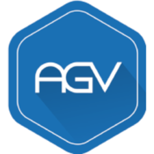 Ein weißer Schriftzug AGV auf einem blauen sechseck