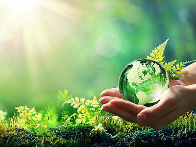 Zwei händen halten eine Weltkugel aus glas über einem grünen Wiesenboden